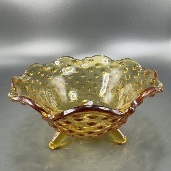 Vintage 3 Toed Hobnail Amber Footed Dish Bowl Container Wavy Edges Decor VTG - Picture 6 of 12